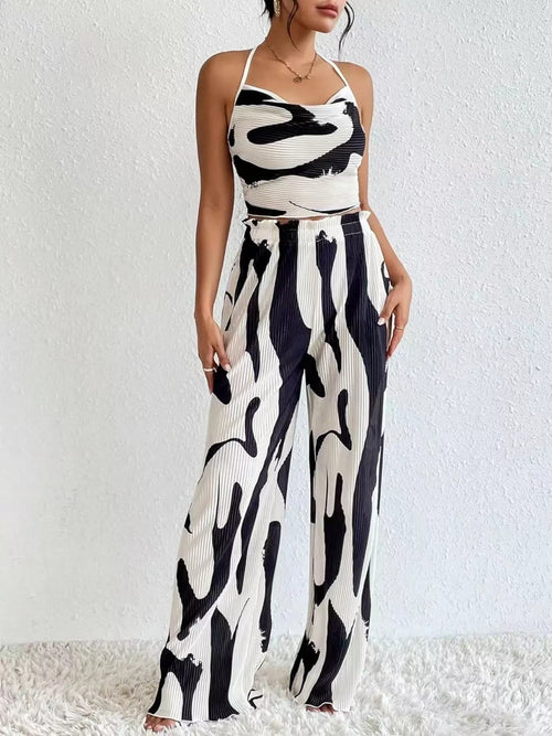 Abstract Print Halter Neck Crop Top and Wide Leg Pants Set