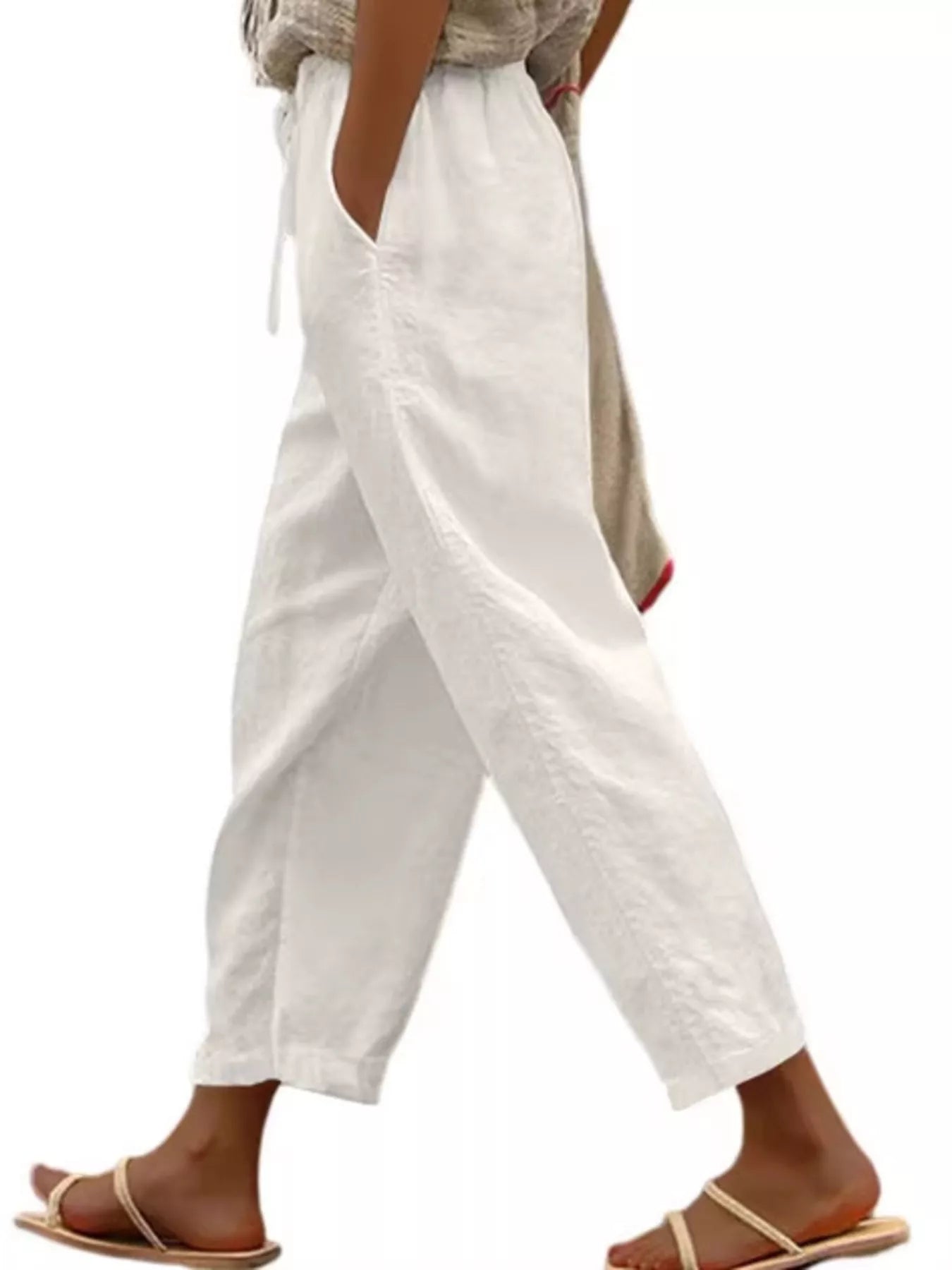 Casual Linen Drawstring Cropped Pants