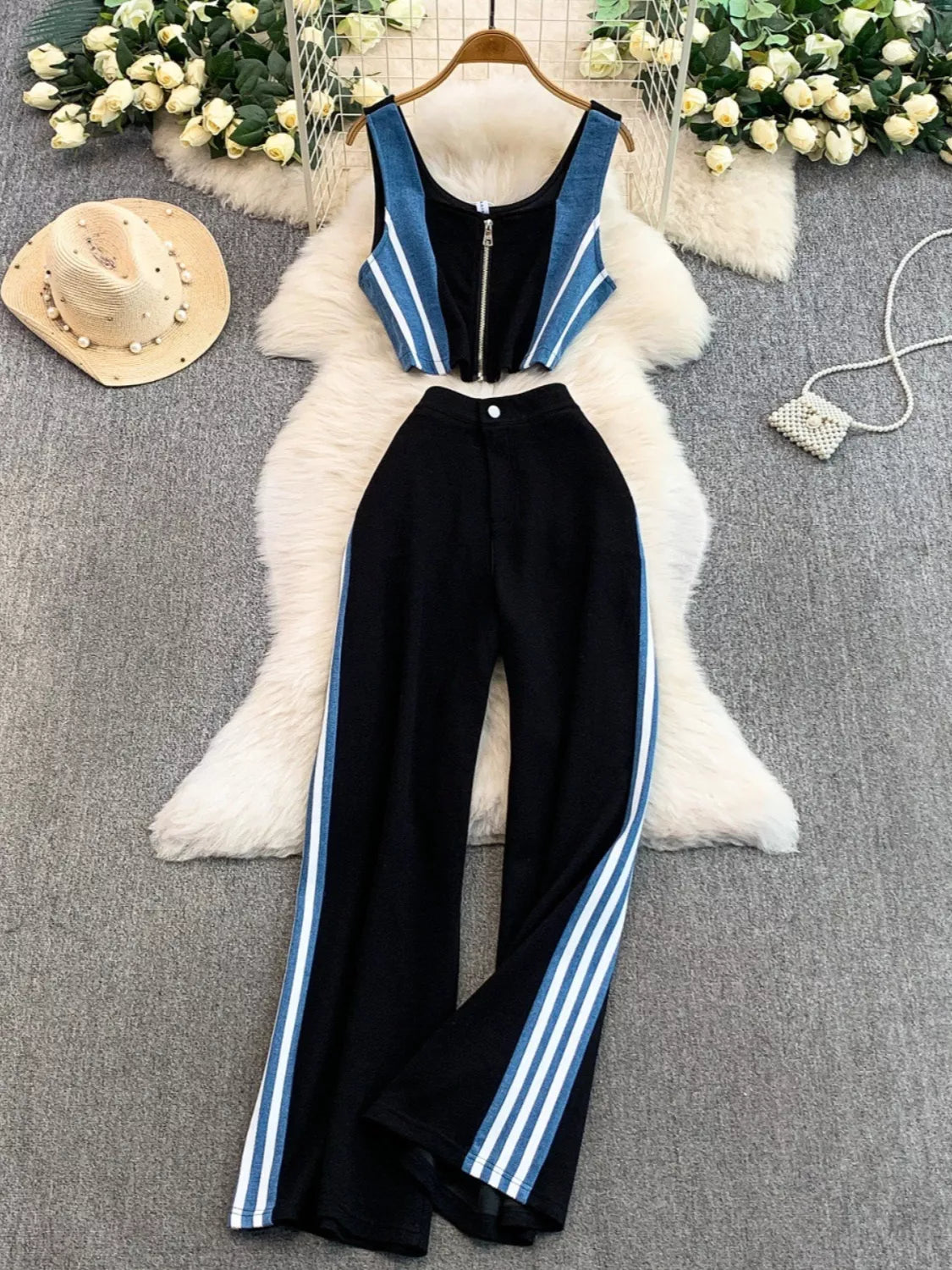 Zip Front Contrast Tank and Side Striped Pants Set