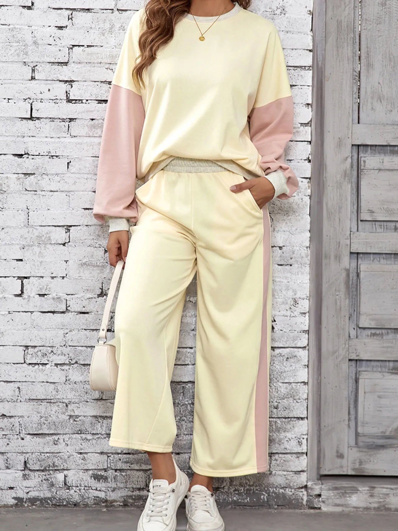 Color Block Round Neck Top and Pants Set