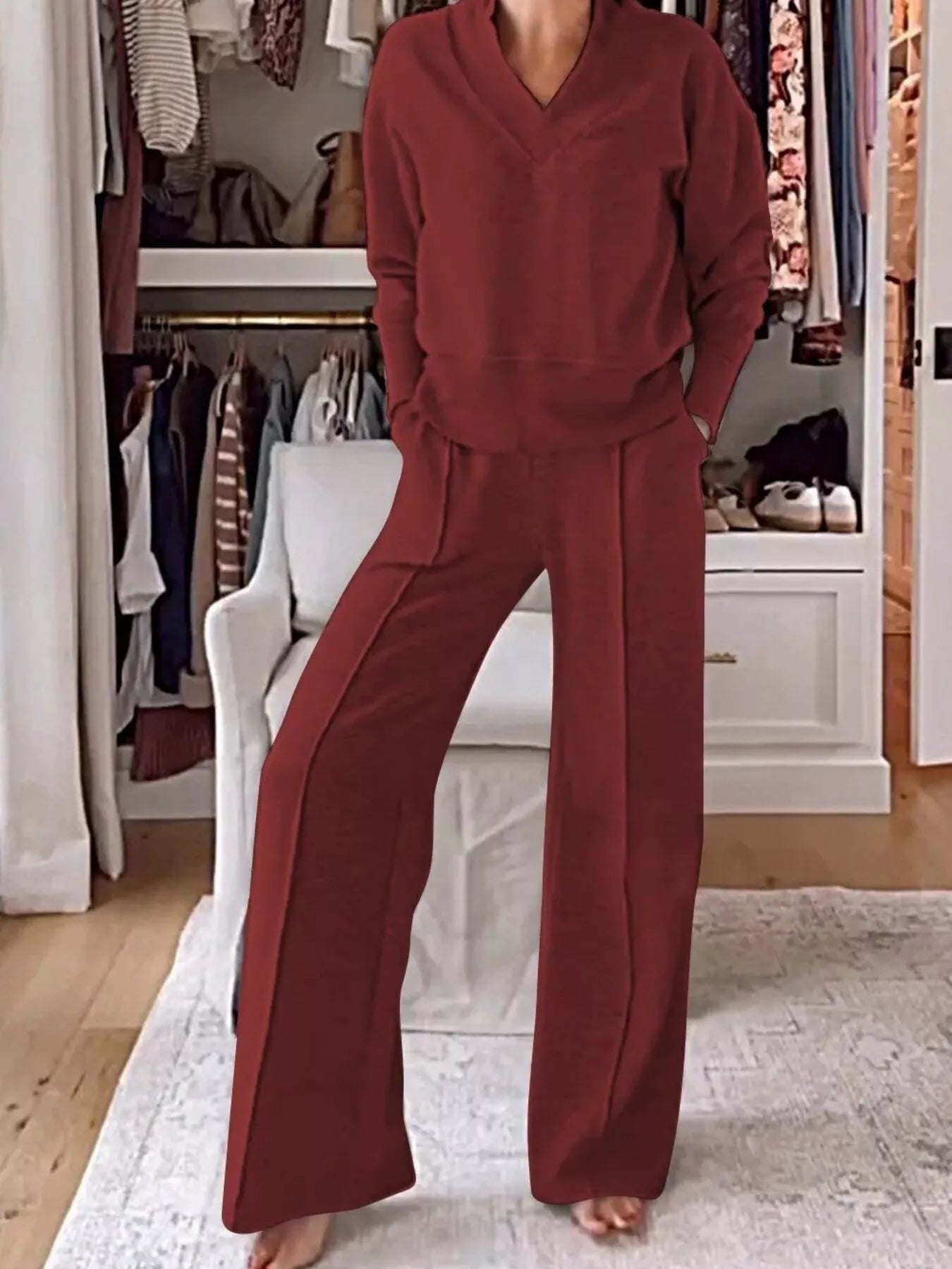 Full Size Cozy V-Neck Top and Pants Set Plus Size