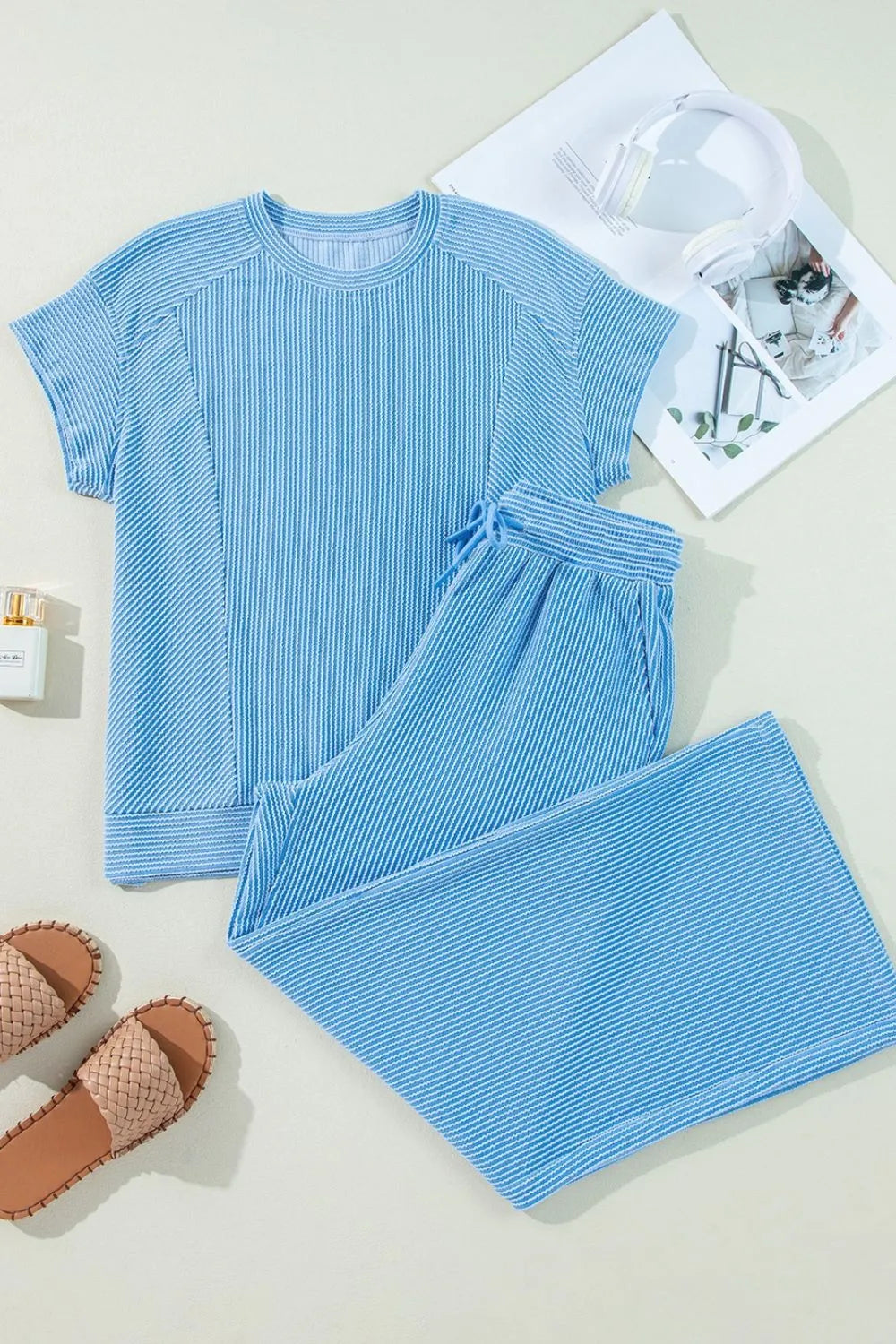 Ribbed Knit Round Neck Top and Pants Casual Set