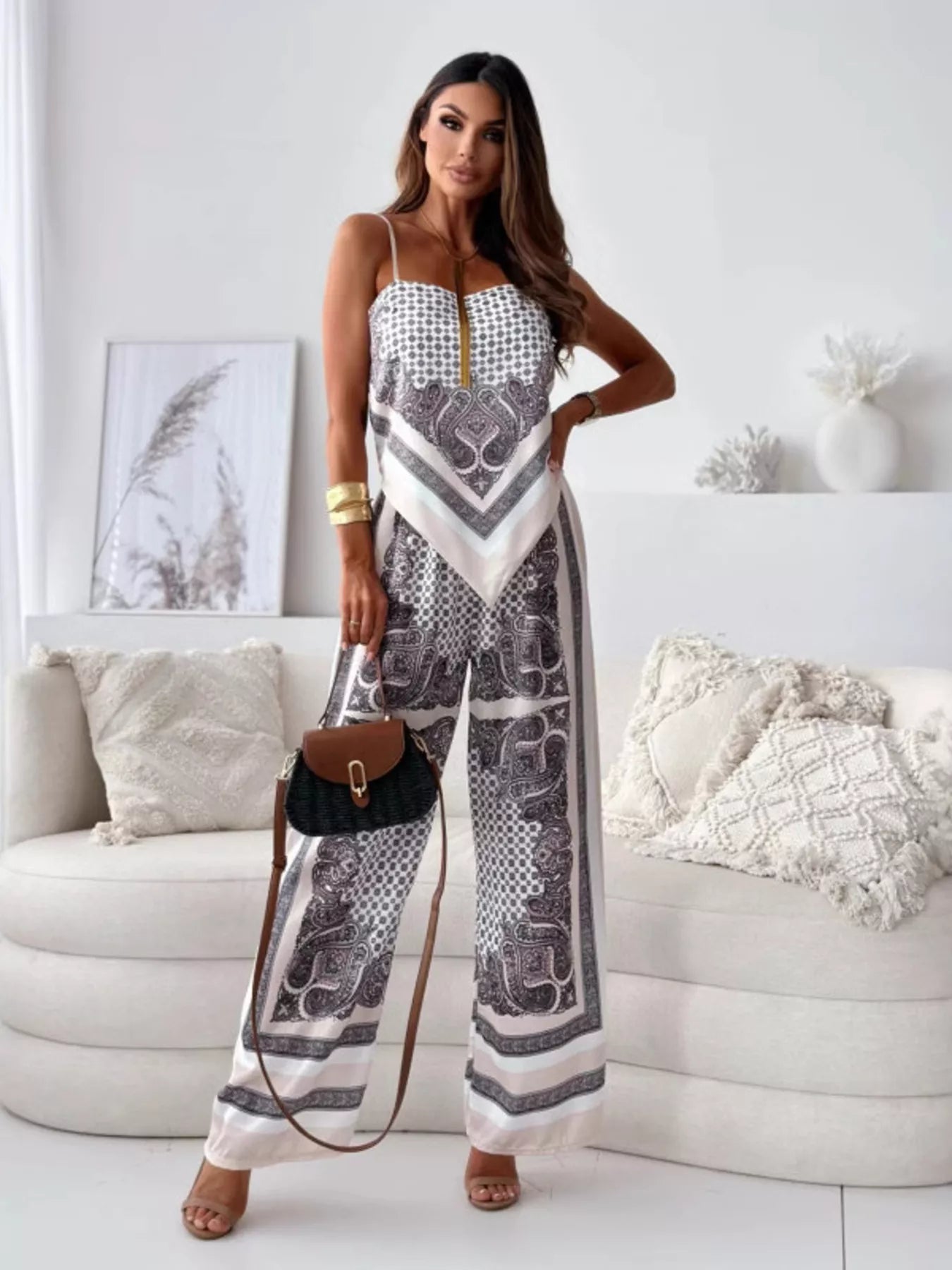 Printed Cami and Wide Leg Pants Set