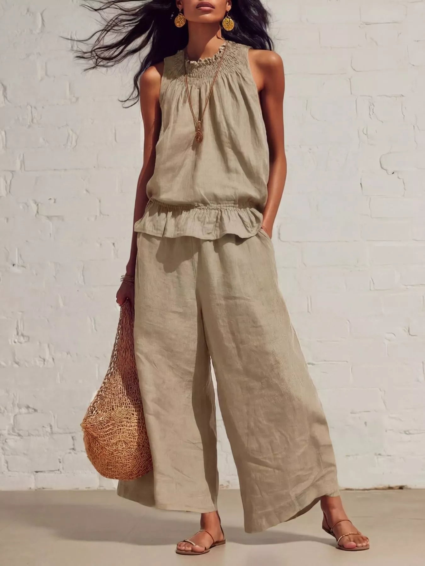 Smocked Ruffled Hem Top and Wide-Leg Pants Set