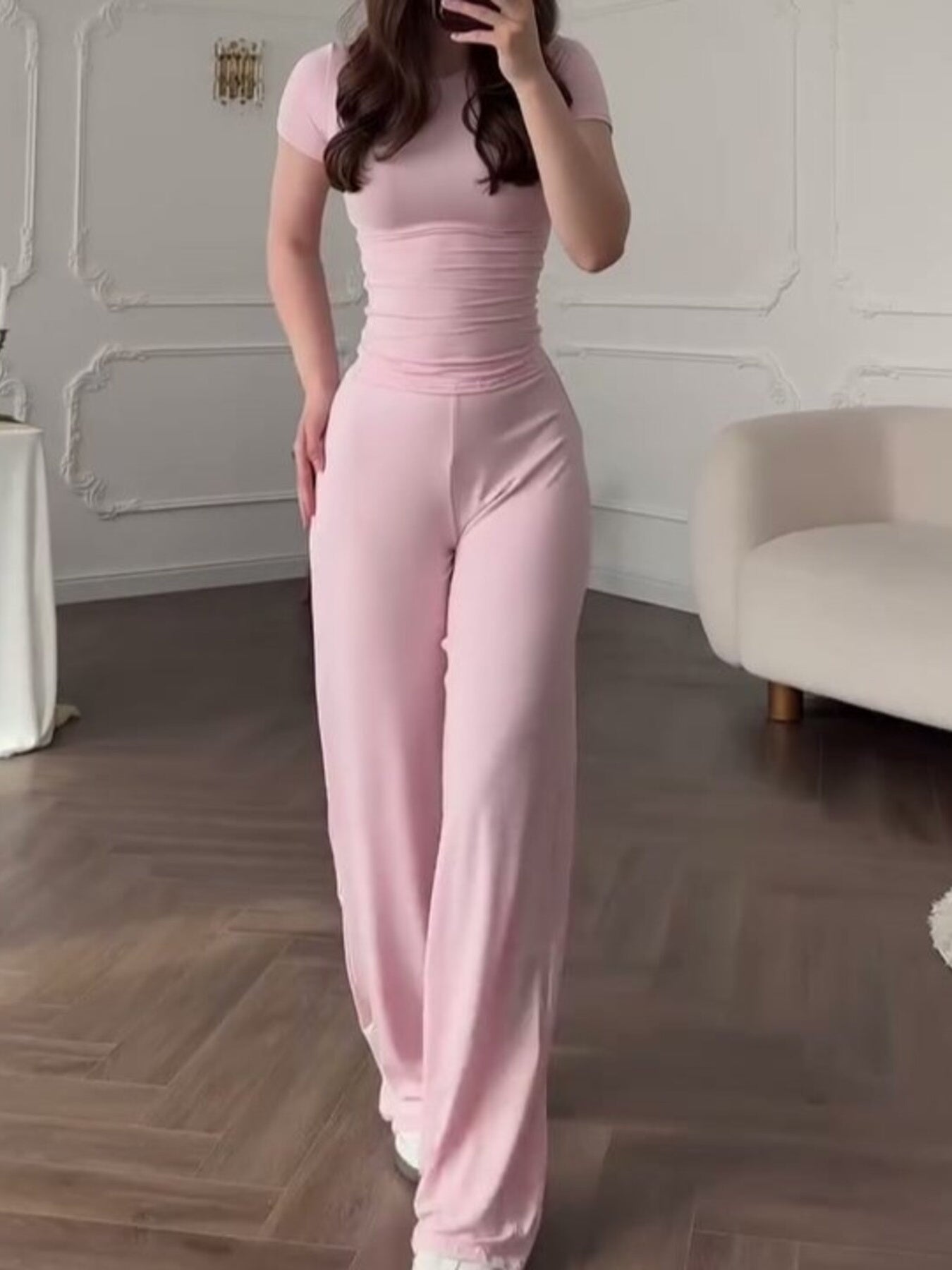 Full Size Round Neck Top and Wide Leg Pants Set Plus Size
