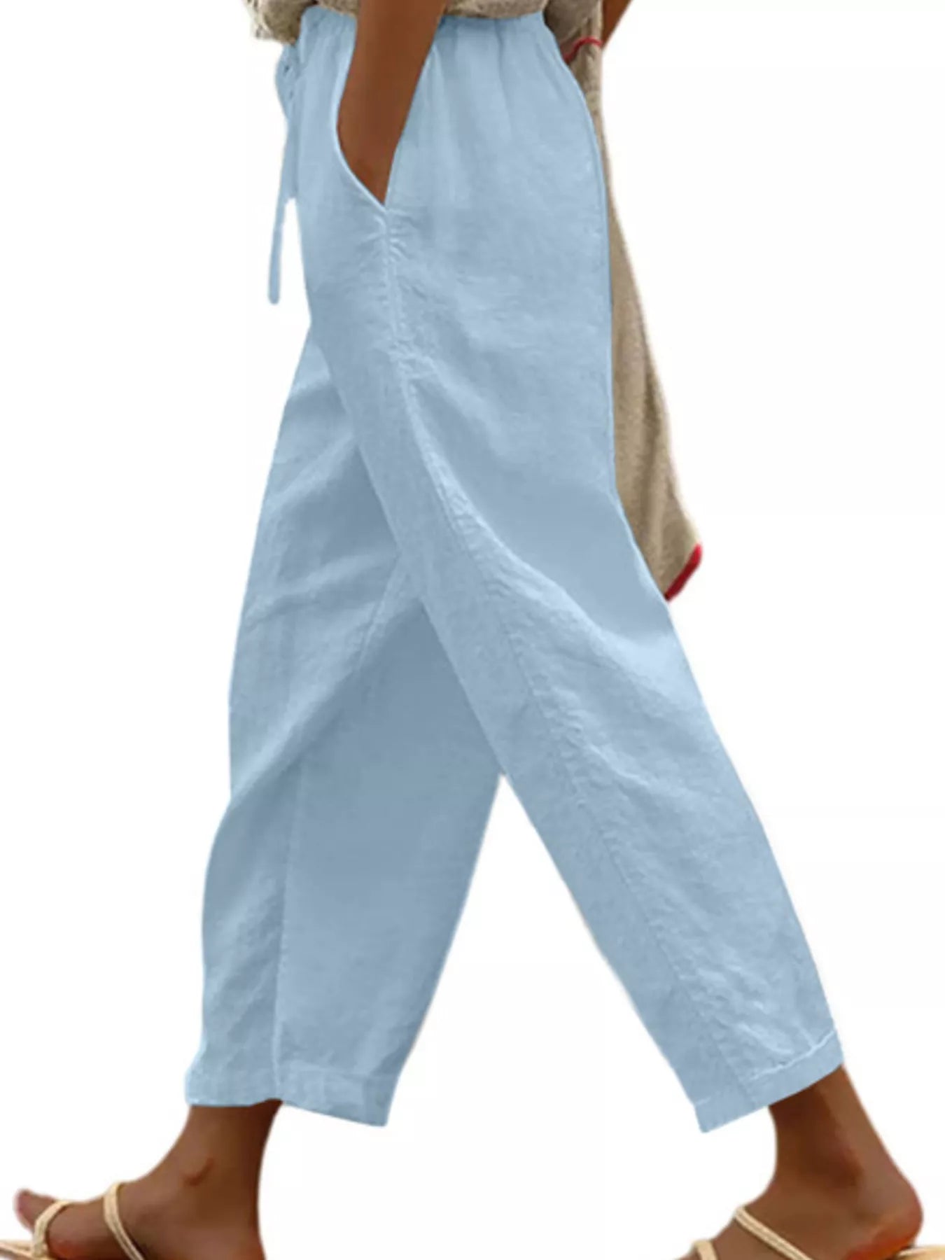 Casual Linen Drawstring Cropped Pants