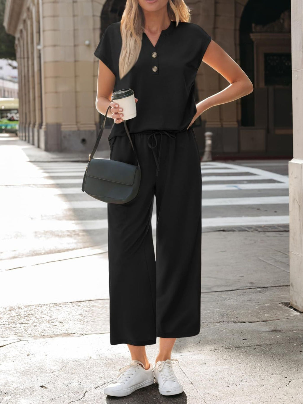 Notched Short Sleeve Top and Pants Set