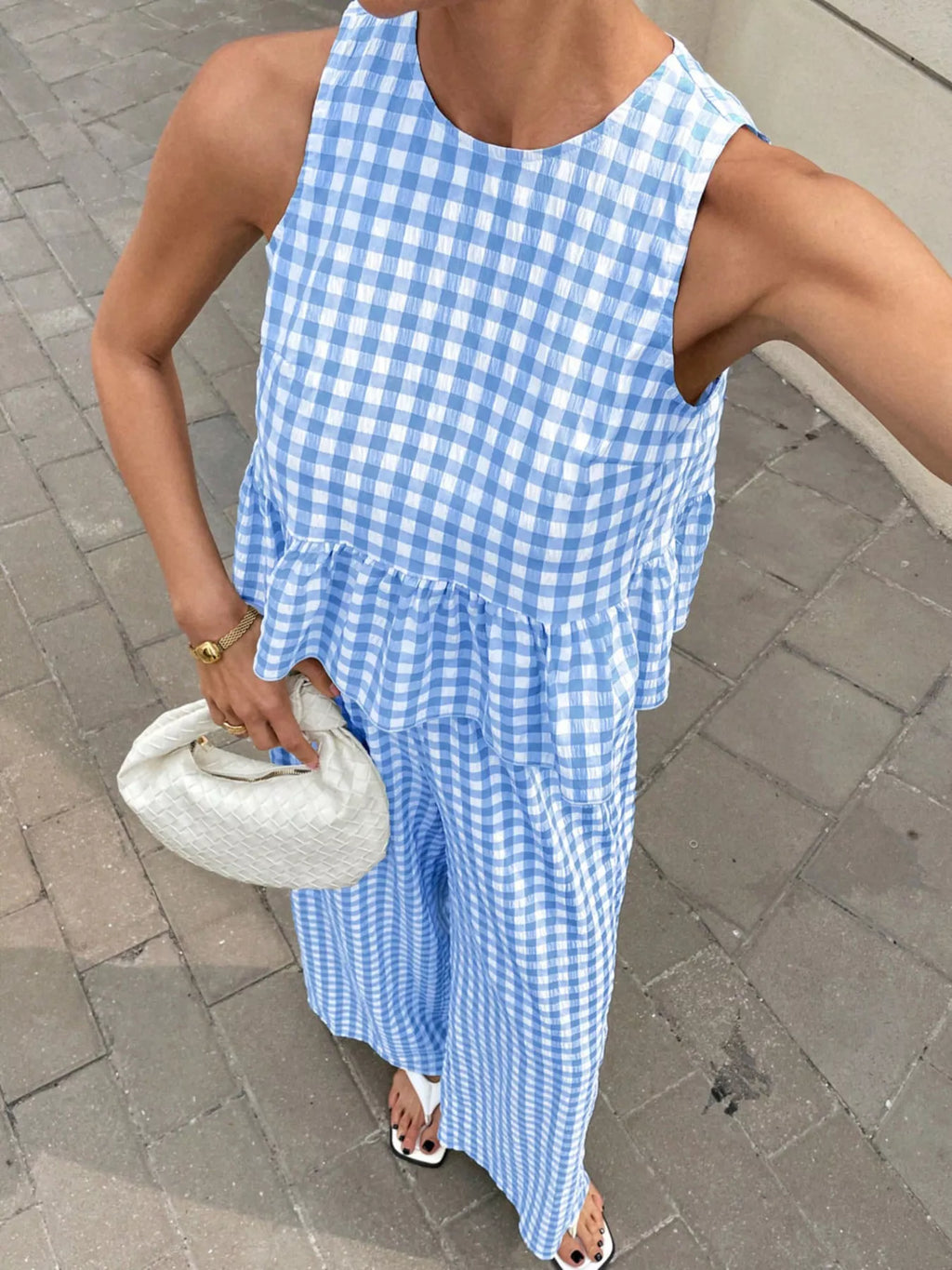 Gingham Sleeveless Top and Wide Leg Pants Set