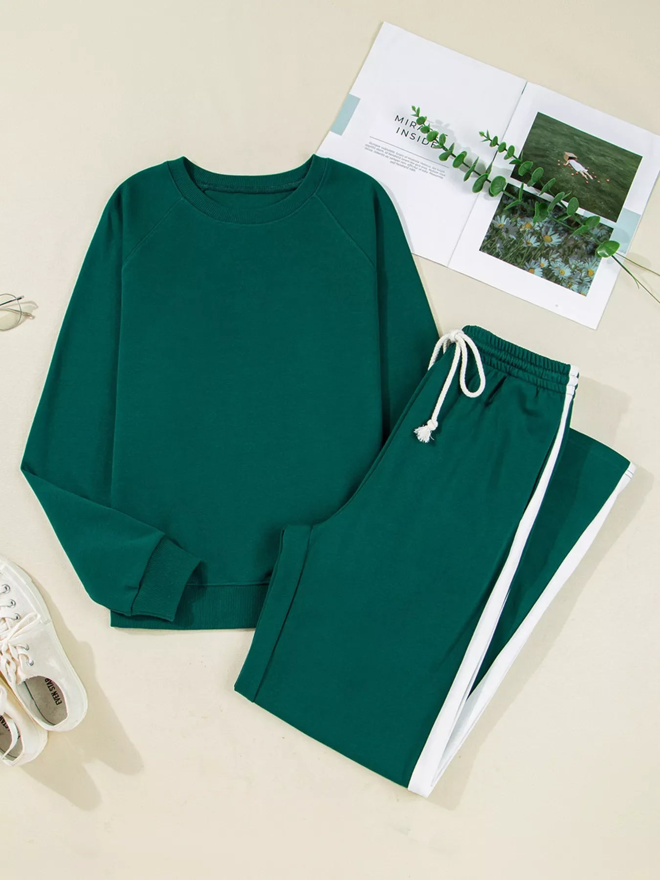 Round Neck Top and Stripe Detail Drawstring Pants Set