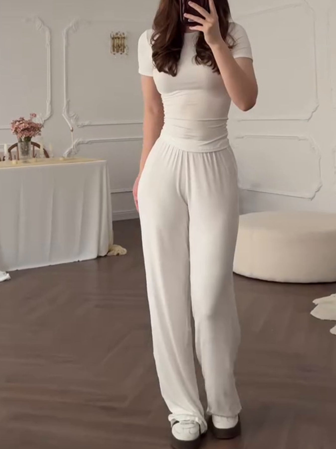Full Size Round Neck Top and Wide Leg Pants Set Plus Size