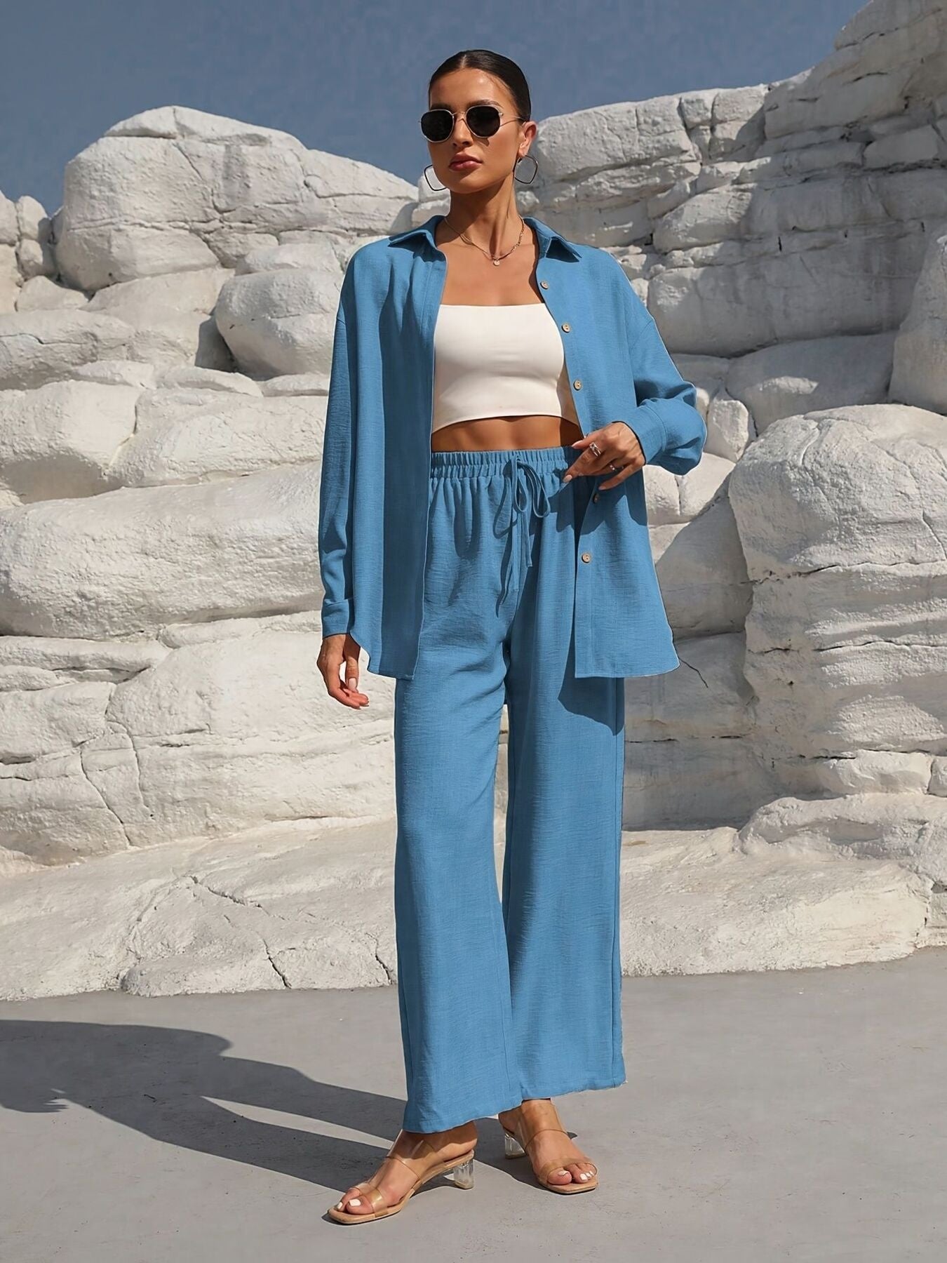 Button Up Long Sleeve Shirt and Pants Set