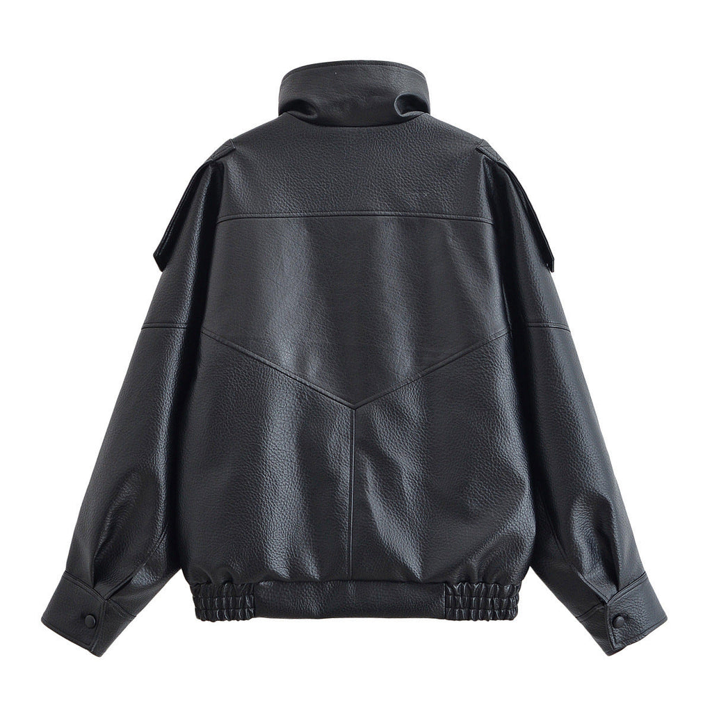 Women's Graceful Stand Collar Wholesale Litchi Leather Jacket