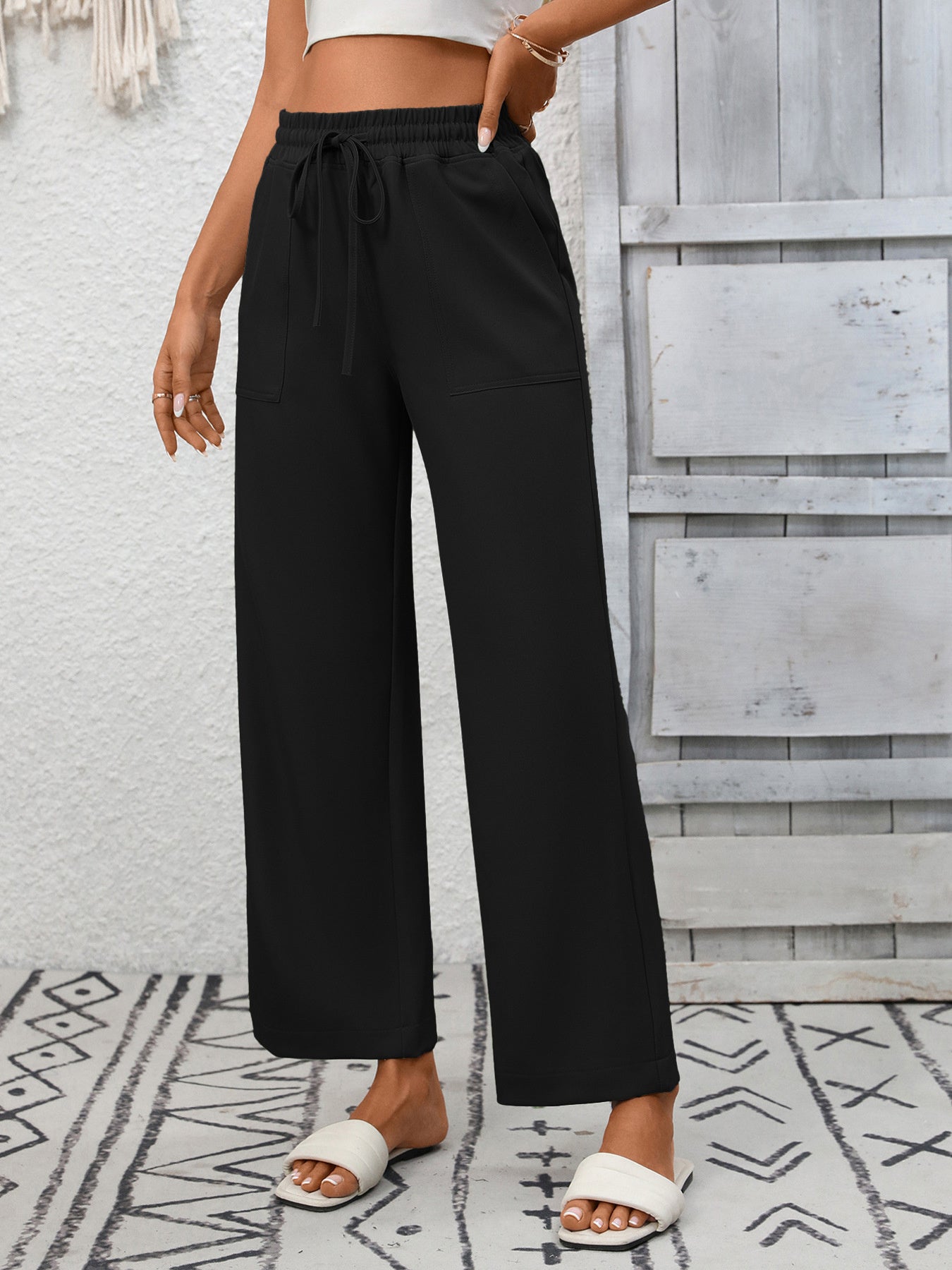 Casual Drawstring Wide Leg Pants