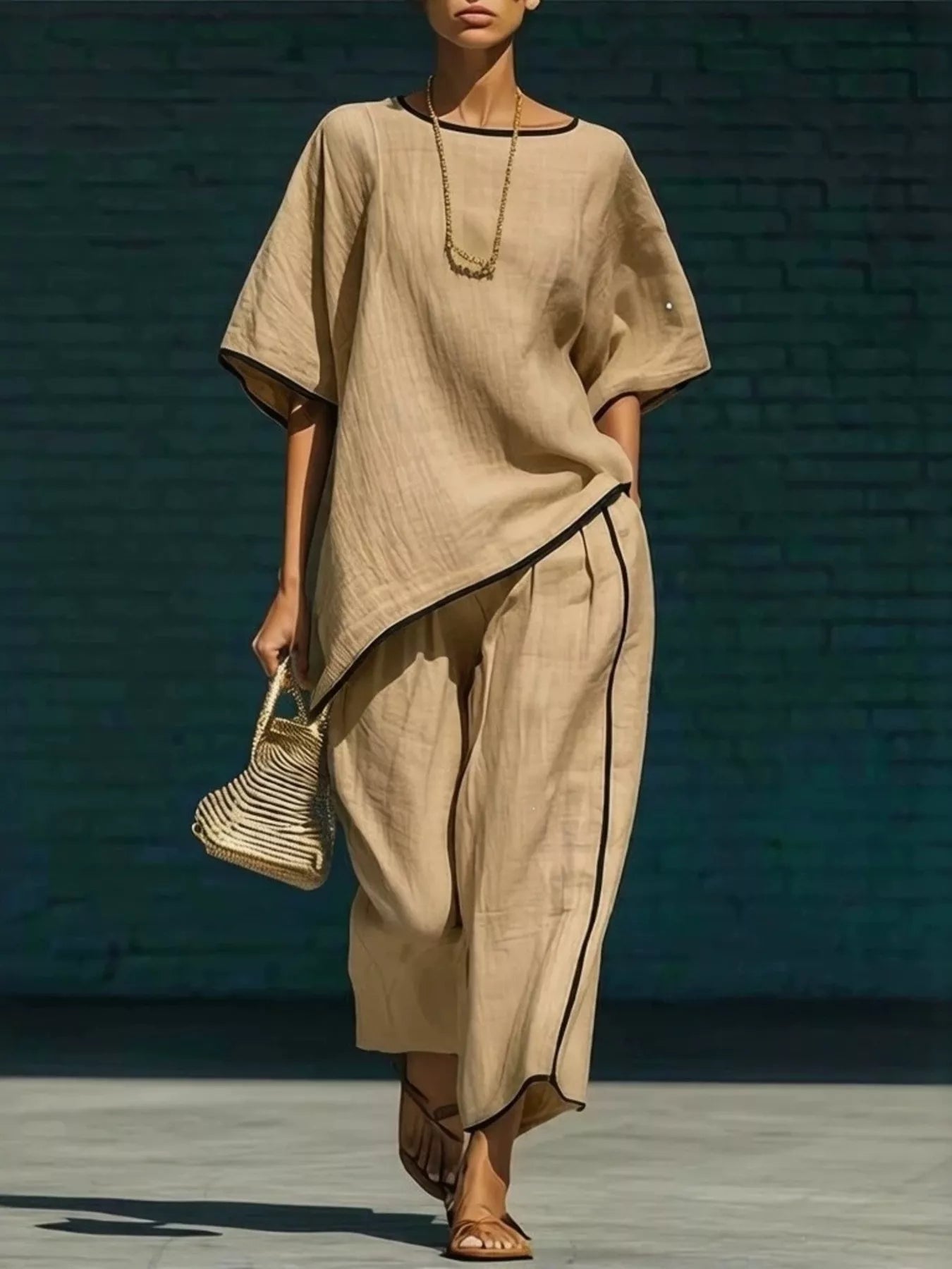 Contrast Trim Round Neck Top and Pants Set